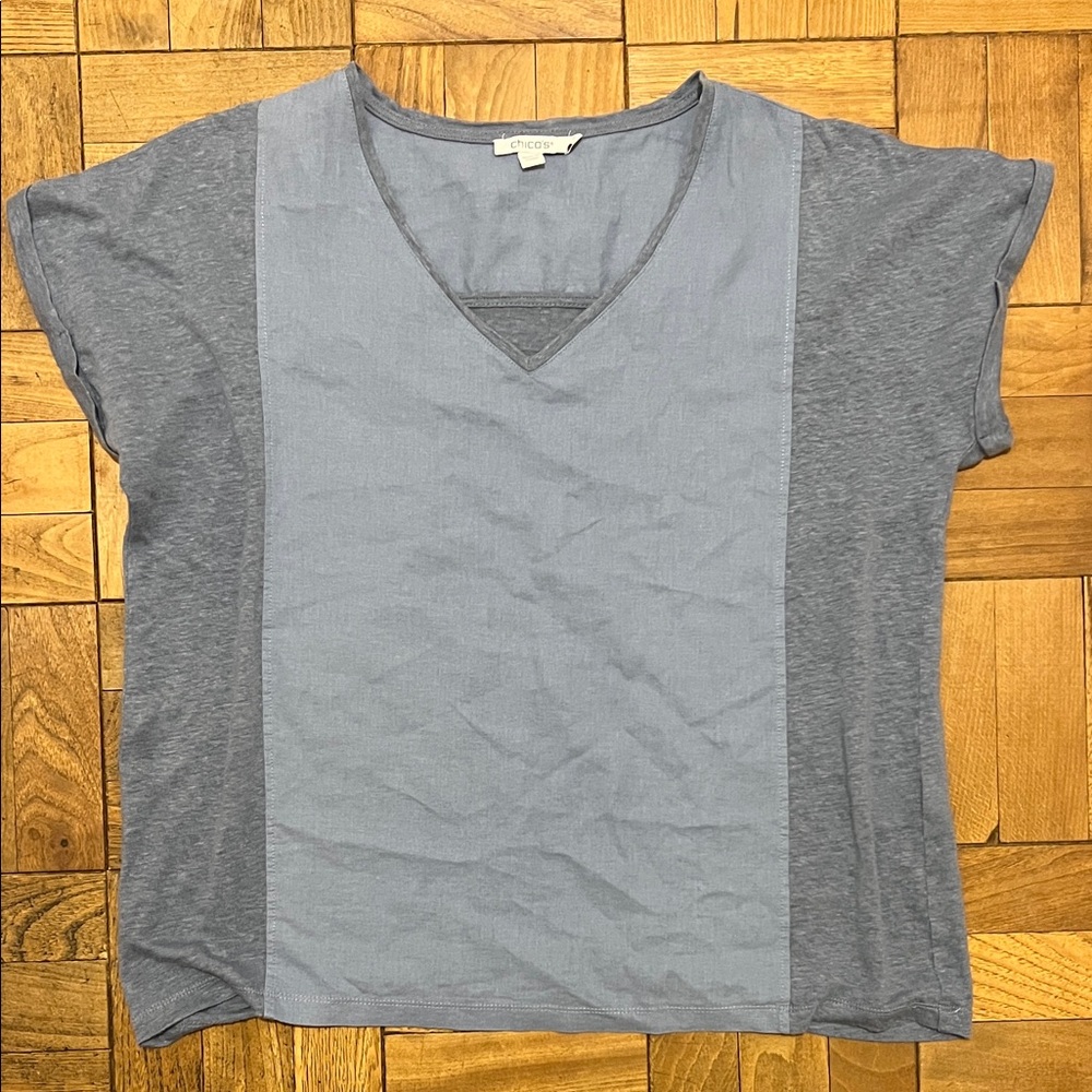 Chico's Blue and Gray V-Neck Tee